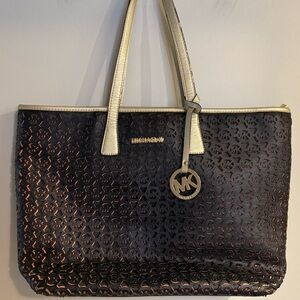 Michael Kors| Black & Gold “Jet Set” Perforated Monogram Large Tote Carryall Bag